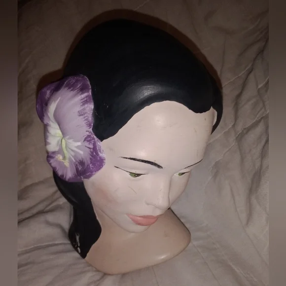 Mid Century Modern Green Eyed Polynesian Woman Head Bust Hibiscus Flower Holland